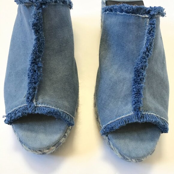 Giamo Denim Chambray Wedge Espadrille Sandals Womens 39 9 Blue Fringe Open Toe - Picture 4 of 11